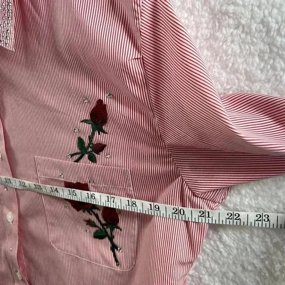 Vintage Las Olas Womens M Red Striped Button Top Rose Embroidery Blouse Western - Picture 8 of 13